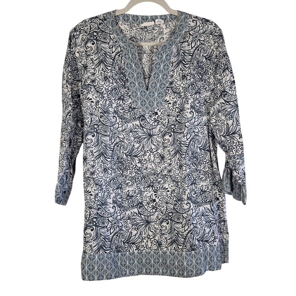 Sigrid Olsen Linen Tunic Top Womens Large Blue Paisley Floral V-Neck Boho Casual